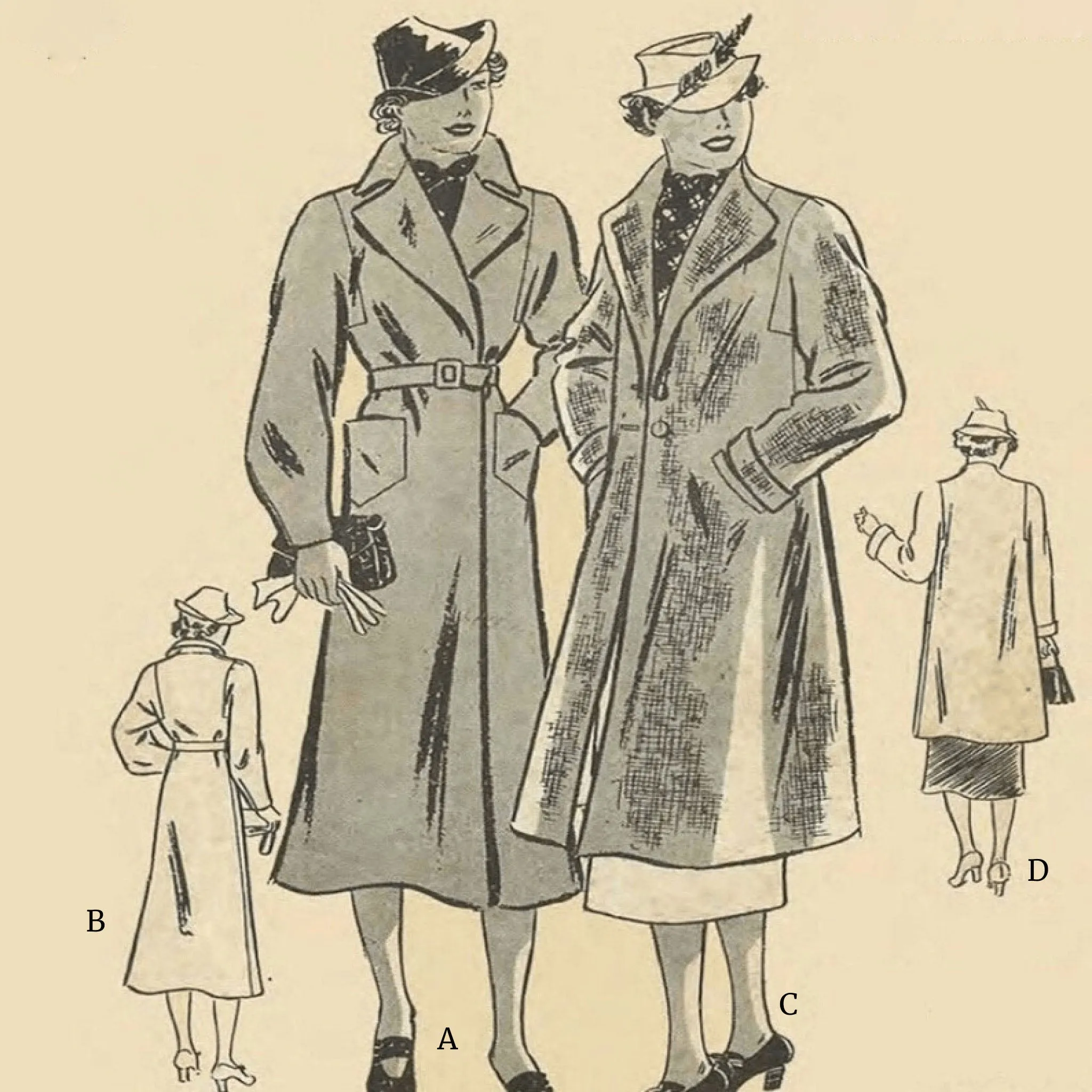 1930s Pattern, Women's Swagger, Trench Coat, Various Lengths - Bust 36” (91cm)