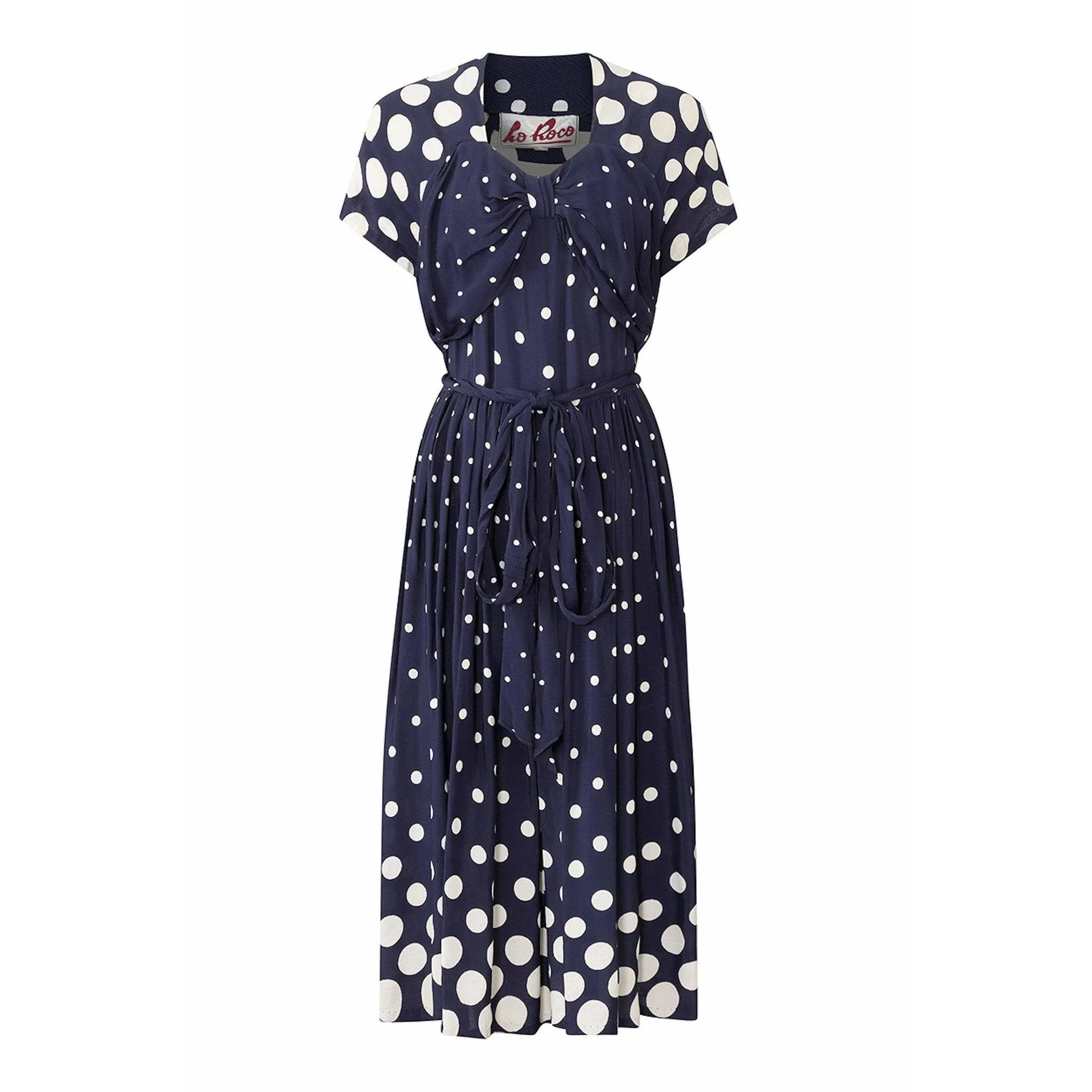 1940s Navy And White Polkadot Dress With Bow Detail and Waist Tie