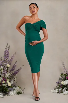 Admired | Bottle Green Ruched One-Shoulder Maternity Midi Dress