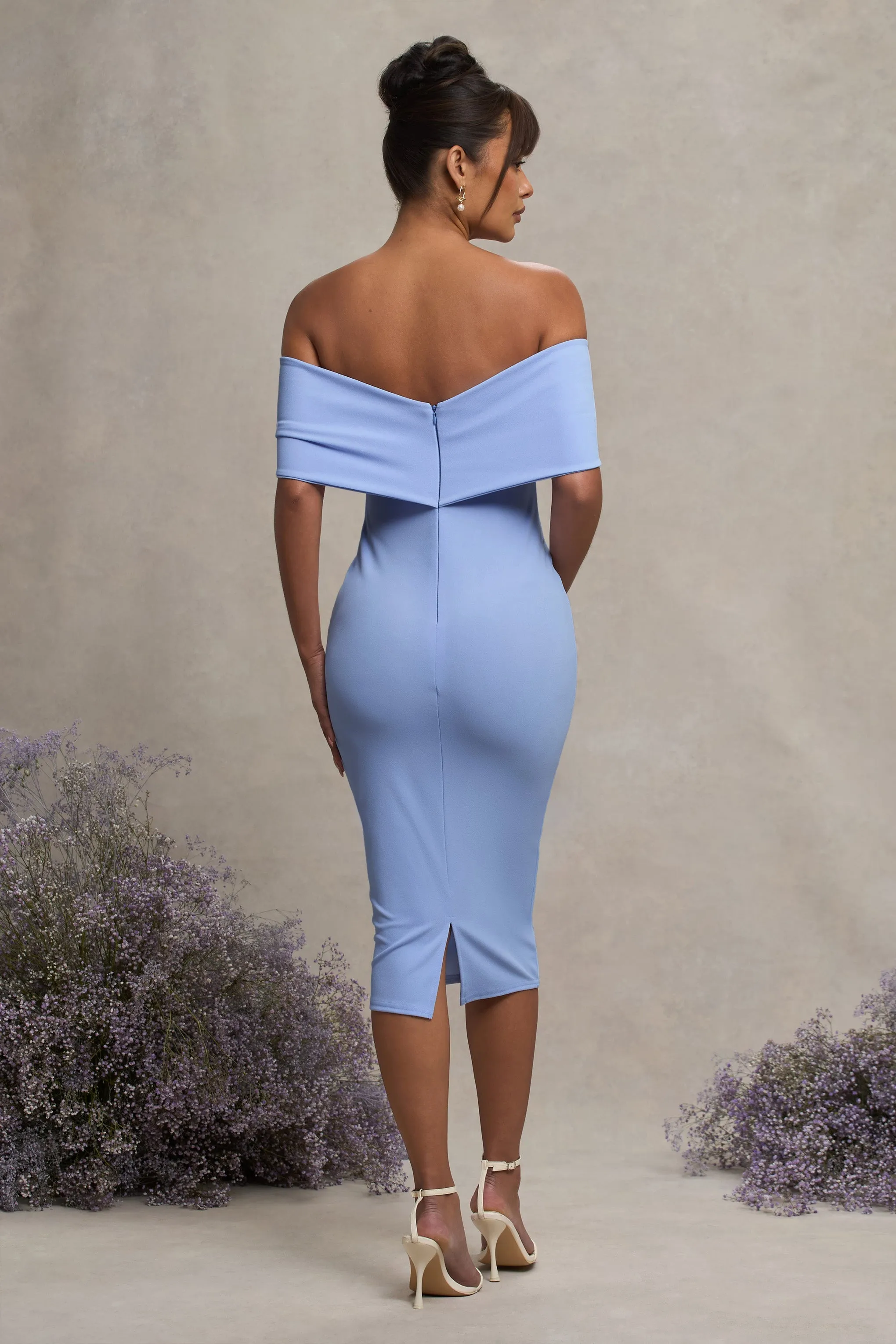 Alyssa | Powder Blue Bardot Bow Maternity Midi Dress with Ruching