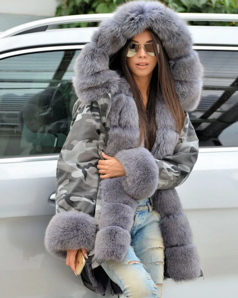 Aofur Winter Grey Faux Fur Women Parka Jacket Armycamo Long Warm Coat Hooded Outwear Overcoat