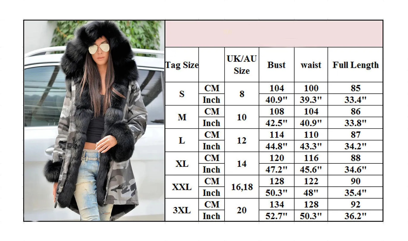 Aofur Winter Grey Faux Fur Women Parka Jacket Armycamo Long Warm Coat Hooded Outwear Overcoat