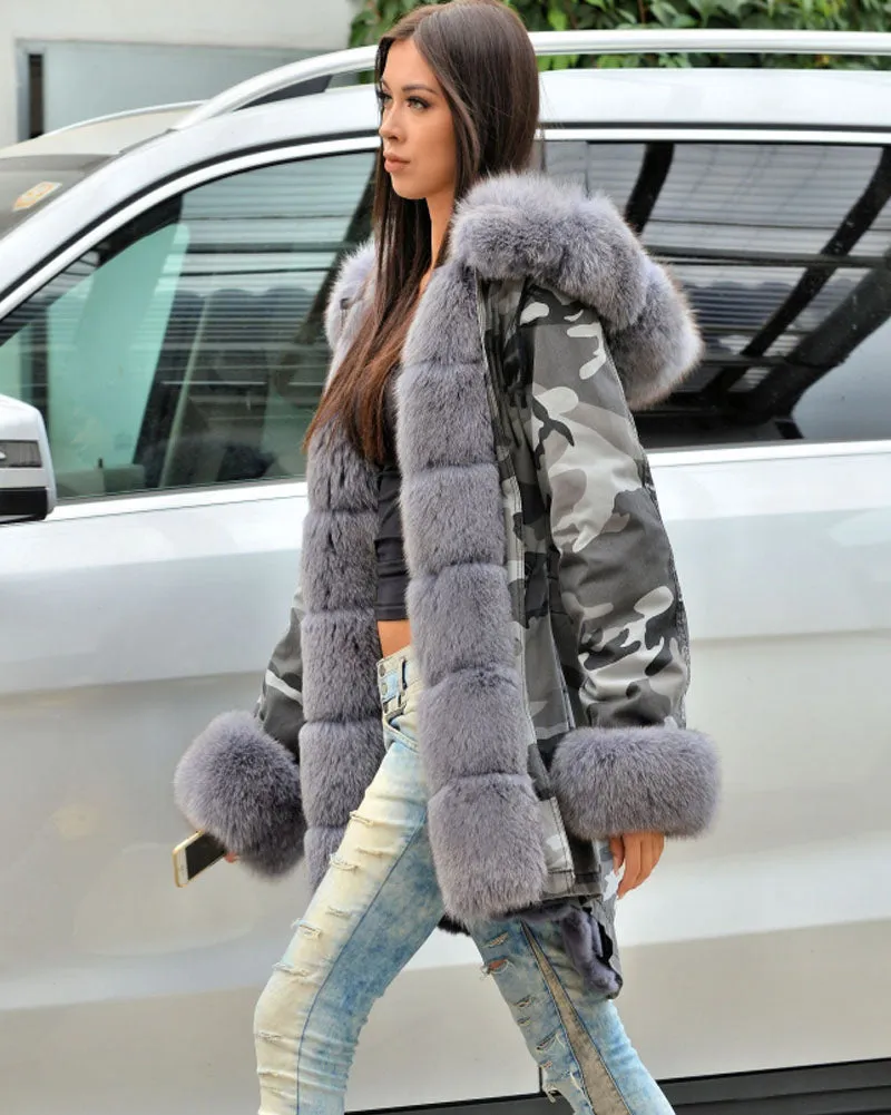 Aofur Winter Grey Faux Fur Women Parka Jacket Armycamo Long Warm Coat Hooded Outwear Overcoat