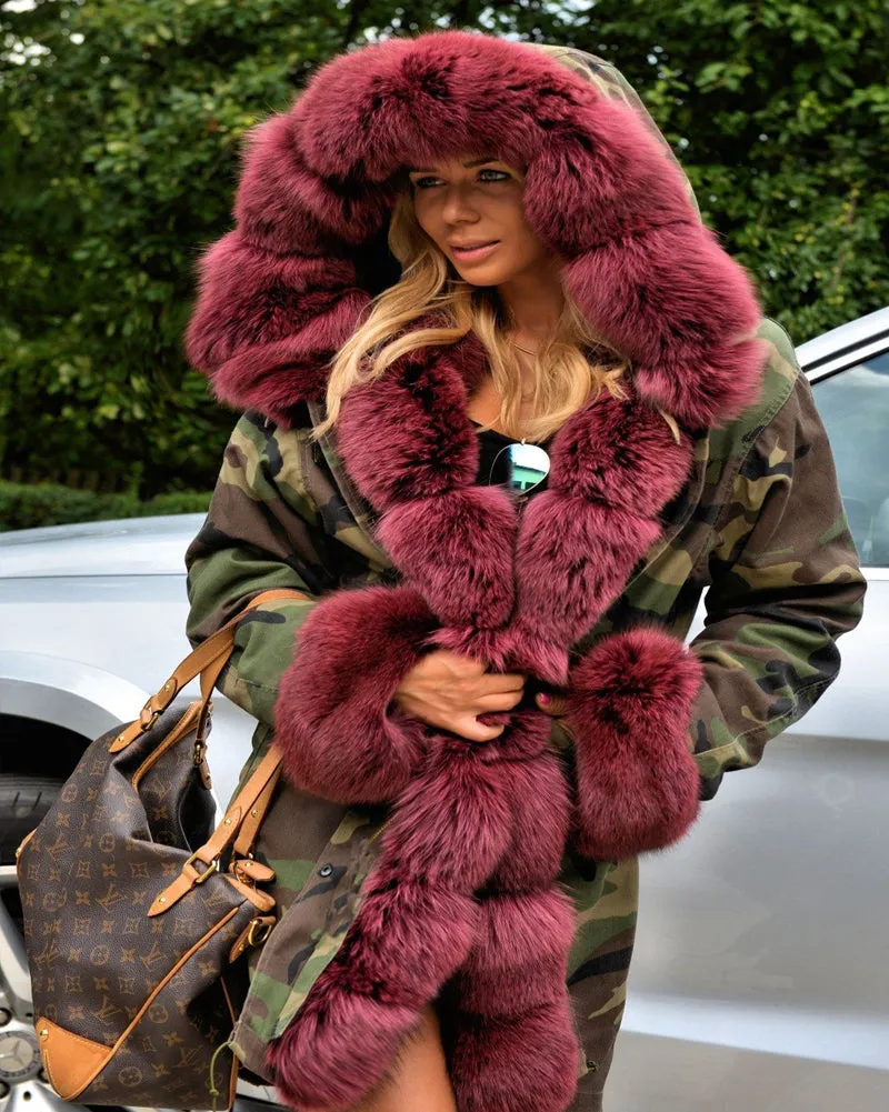 Aofur Women Faux Fur Camouflage Parka Women Hooded Long Winter Jacket Overcoat Plus Size S-3XL