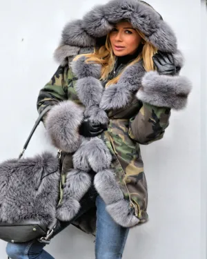 Aofur Women Thicken Warm Camouflage Grey Faux Fur Long Winter Coat Hooded Parka Jacket Outwear