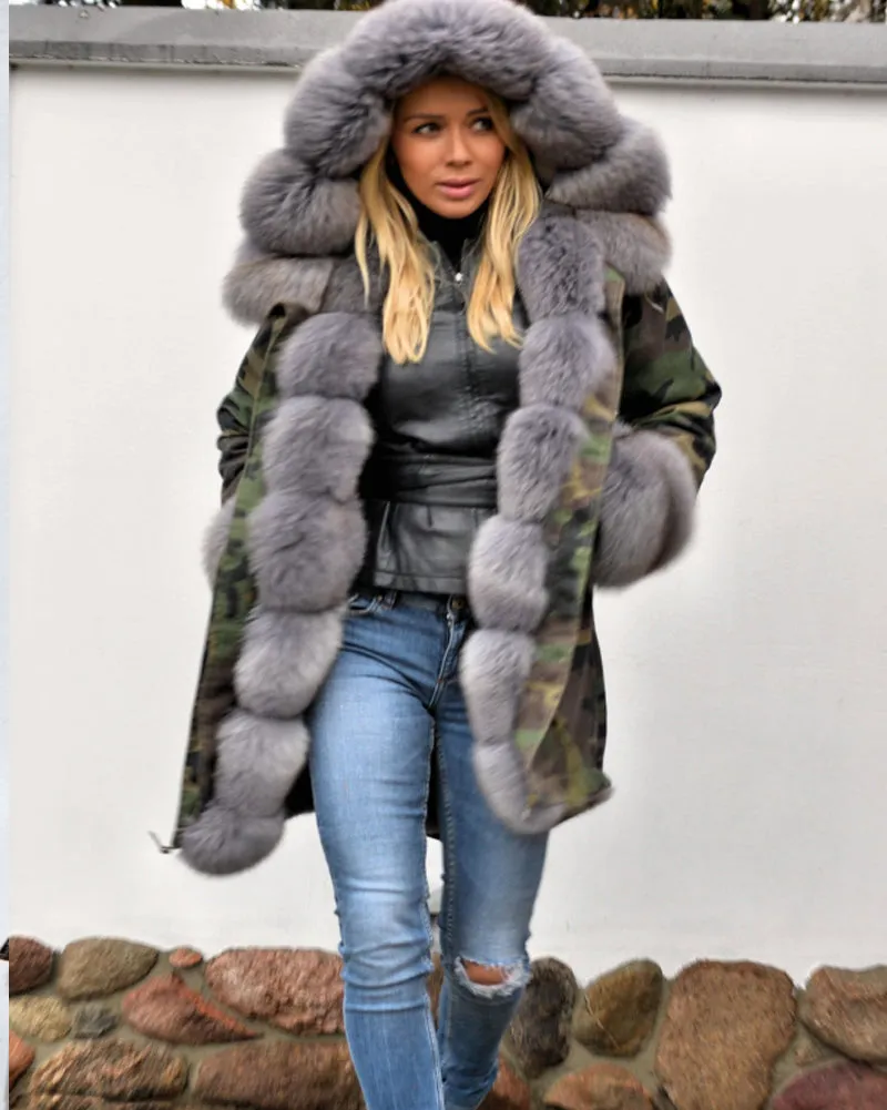 Aofur Women Thicken Warm Camouflage Grey Faux Fur Long Winter Coat Hooded Parka Jacket Outwear