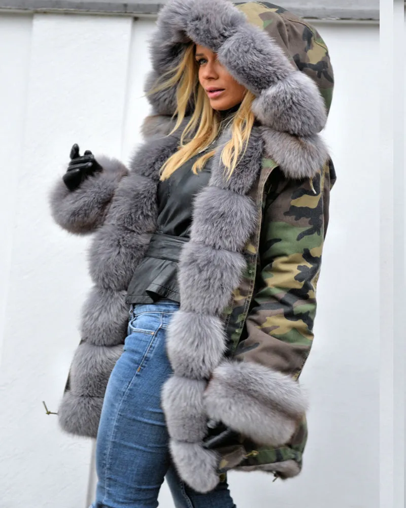 Aofur Women Thicken Warm Camouflage Grey Faux Fur Long Winter Coat Hooded Parka Jacket Outwear