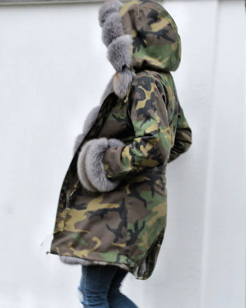 Aofur Women Thicken Warm Camouflage Grey Faux Fur Long Winter Coat Hooded Parka Jacket Outwear