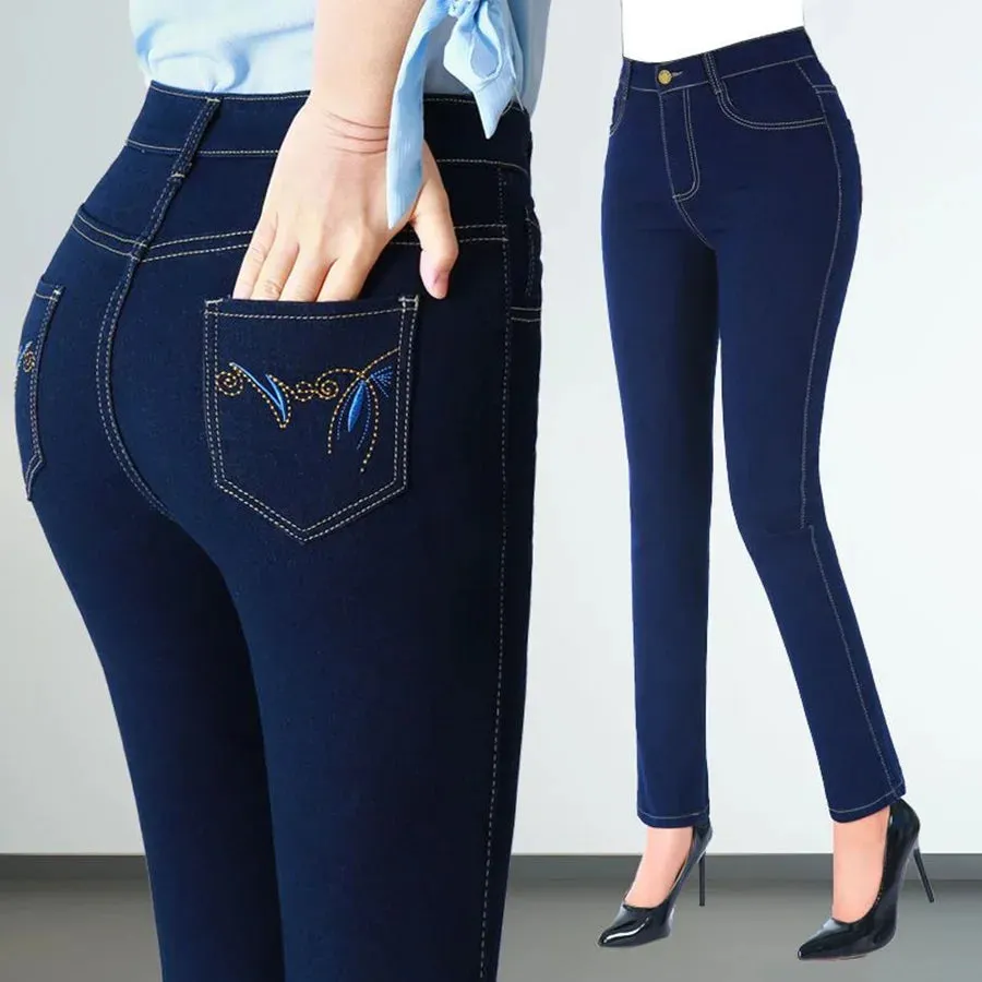 ARWEN AJH Casual High Waist Slim Straight Jeans Women Big Size 36 Skinny   Mom 2024 Embroidered Denim Pants   Cowboy Trousers