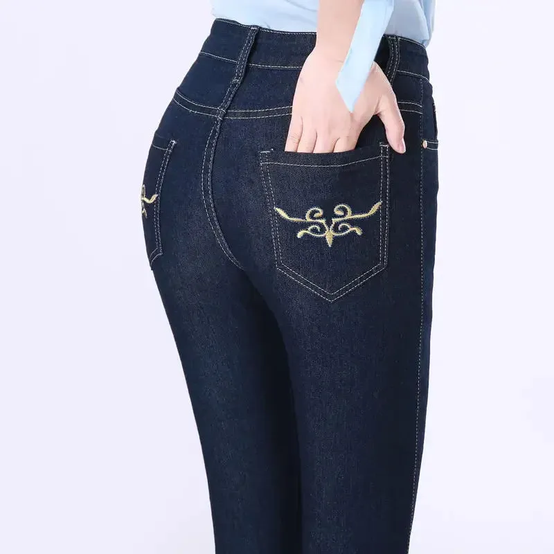 ARWEN AJH Casual High Waist Slim Straight Jeans Women Big Size 36 Skinny   Mom 2024 Embroidered Denim Pants   Cowboy Trousers