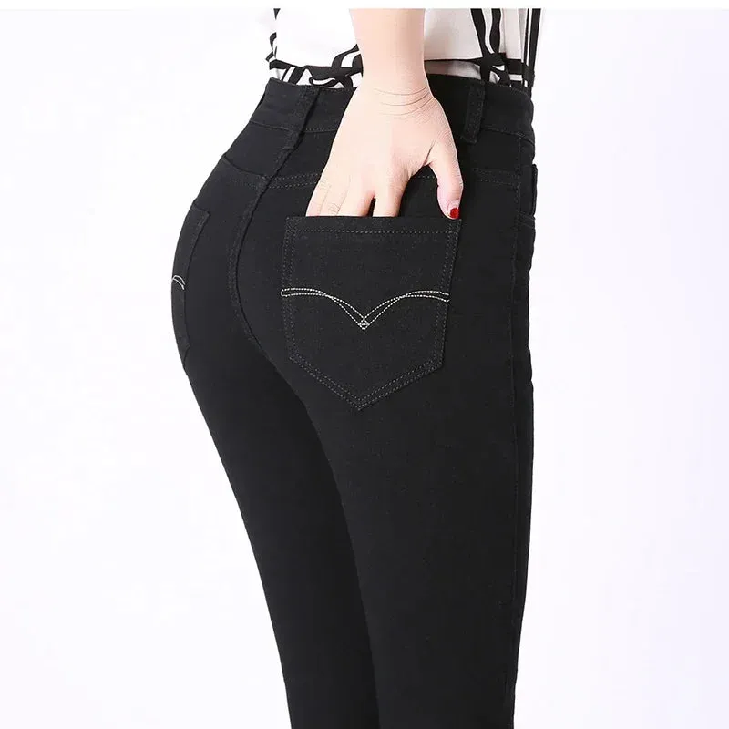 ARWEN AJH Casual High Waist Slim Straight Jeans Women Big Size 36 Skinny   Mom 2024 Embroidered Denim Pants   Cowboy Trousers