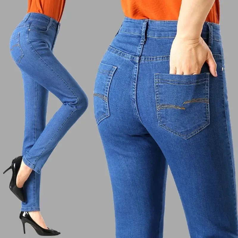 ARWEN AJH Casual High Waist Slim Straight Jeans Women Big Size 36 Skinny   Mom 2024 Embroidered Denim Pants   Cowboy Trousers