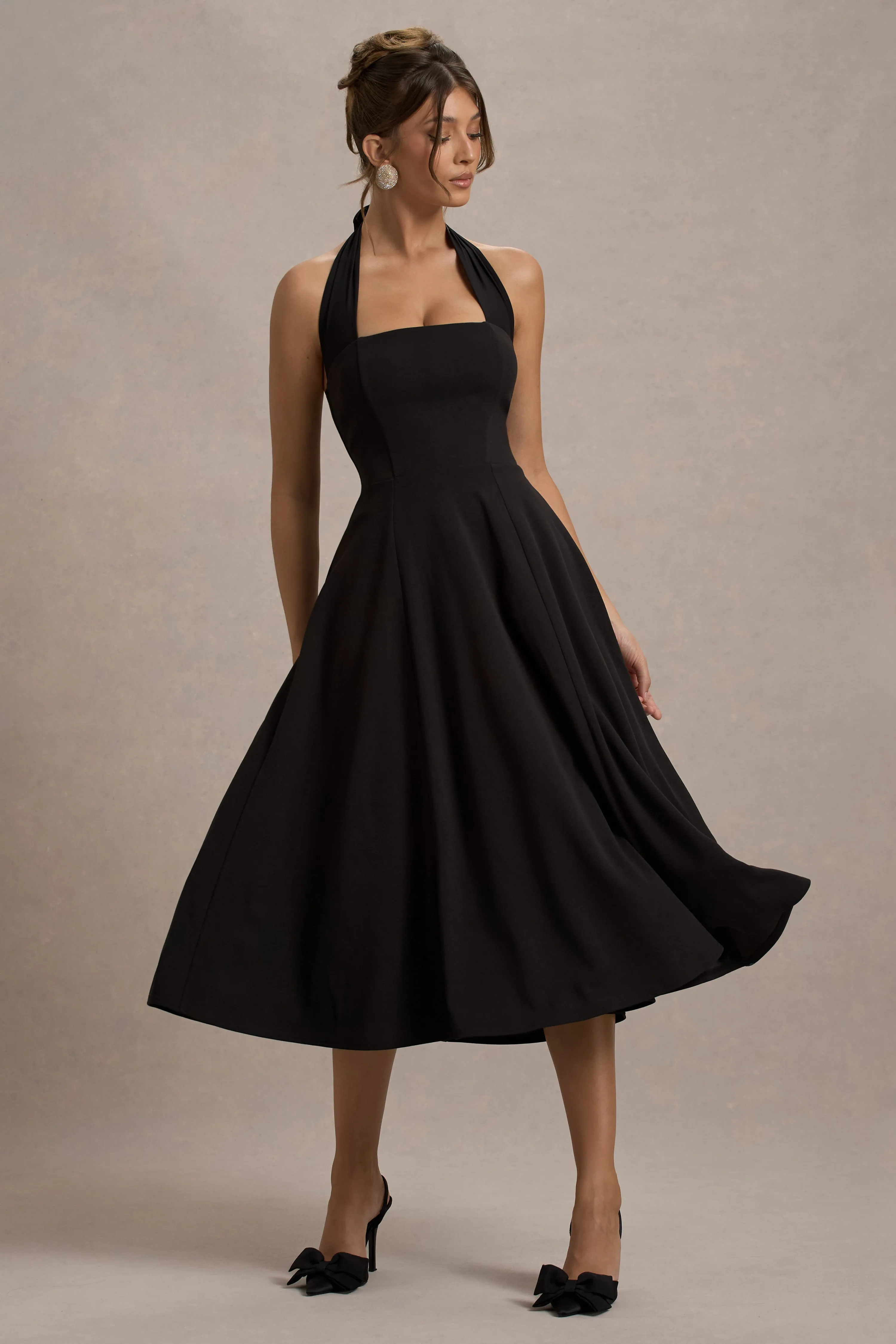 Auburn | Black Halter Skater Midi Dress