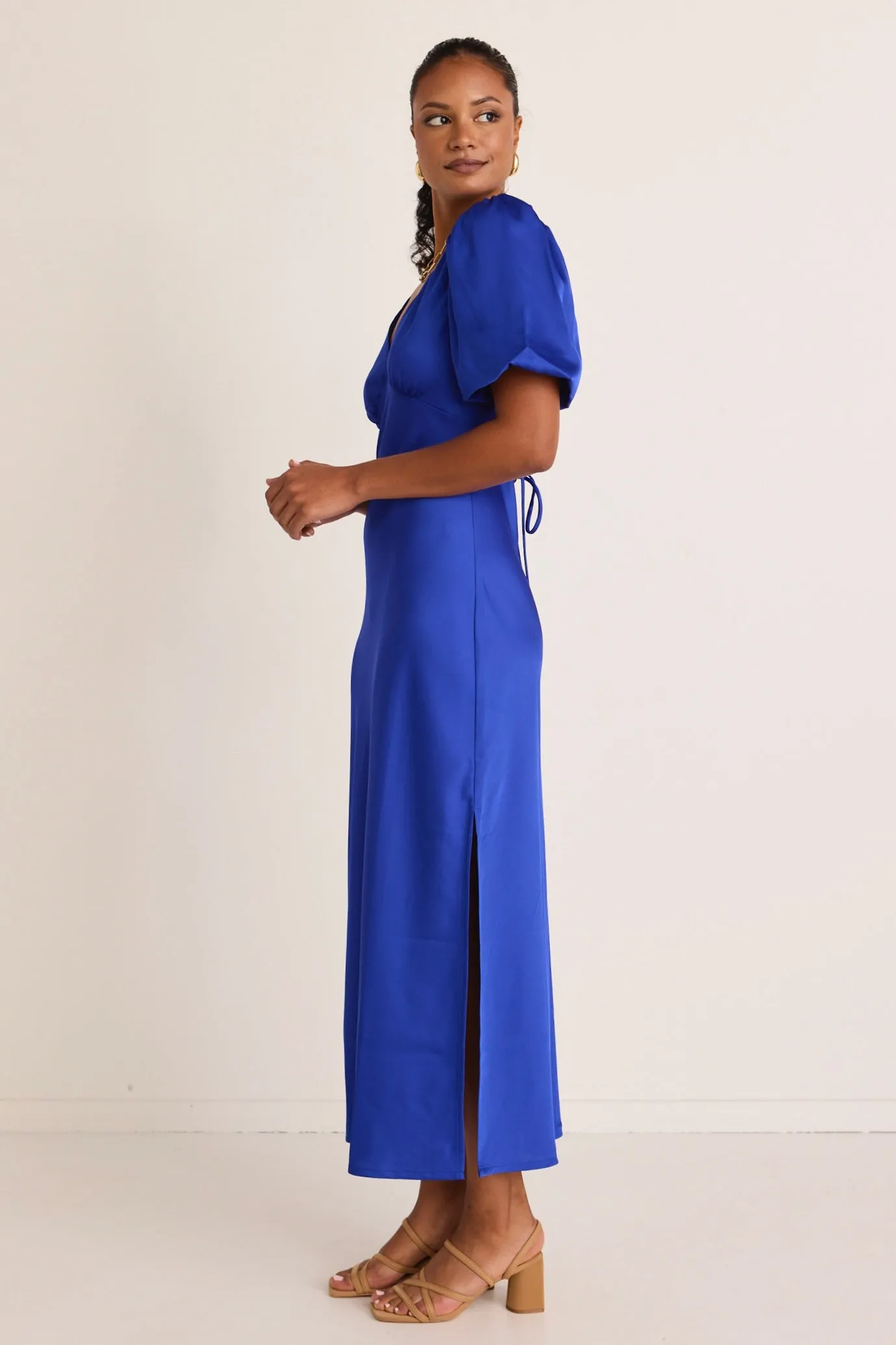 Aura Electric Blue Puff Sleeve Bias Maxi Dress