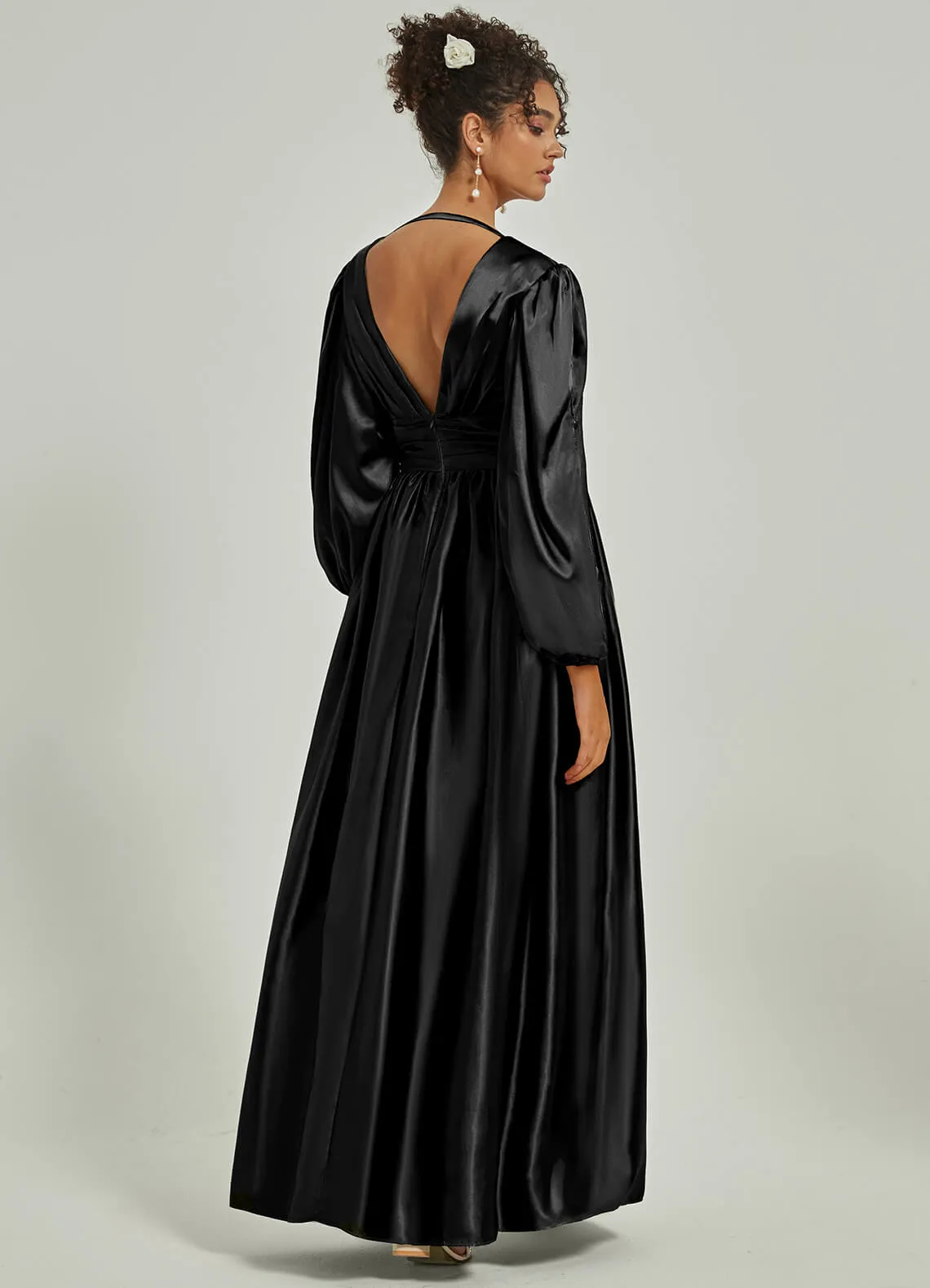 Black Satin 3/4 Long Slit Sleeve V-Neck Slit Pleated Bridesmaid Dress