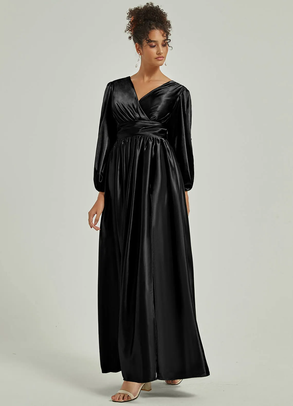 Black Satin 3/4 Long Slit Sleeve V-Neck Slit Pleated Bridesmaid Dress