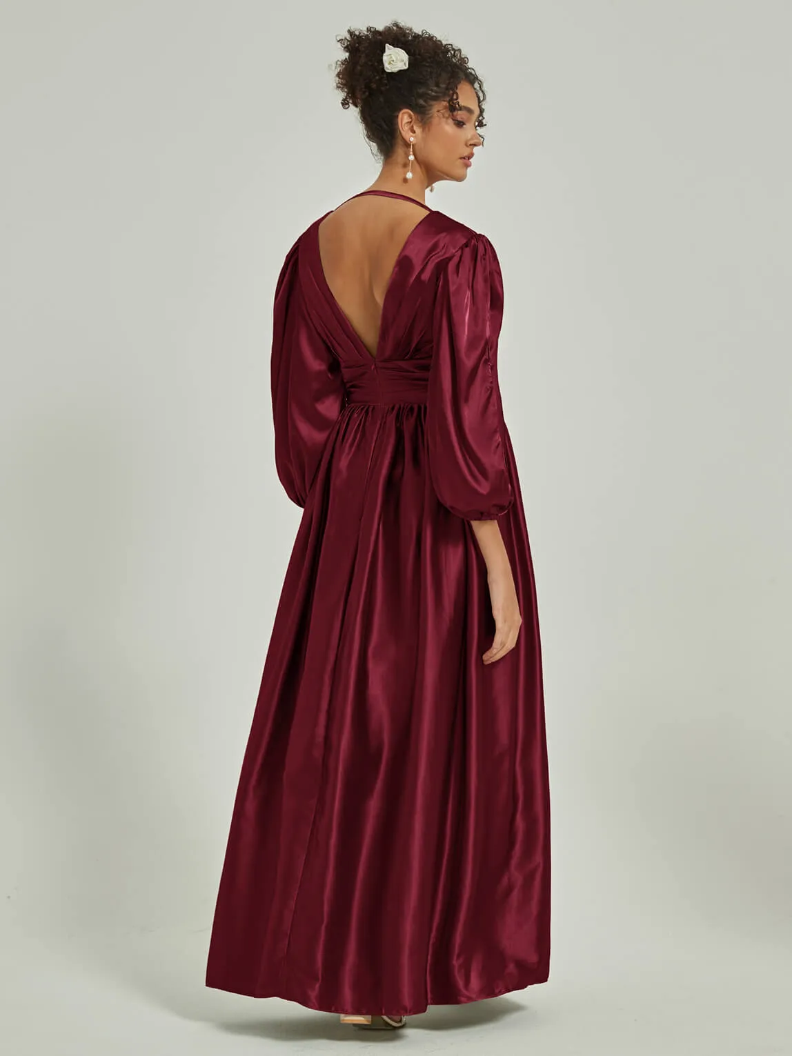 Burgundy 3/4 Long Slit Sleeve V-Neck Slit Pleated Bridesmaid Dress