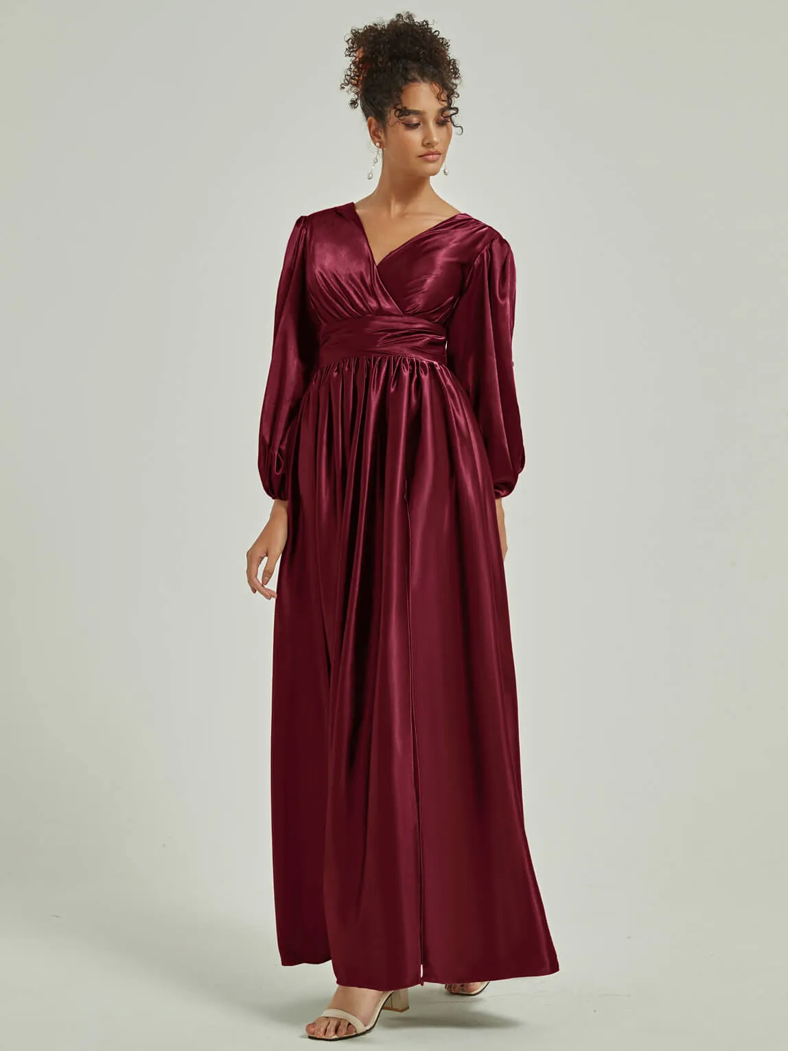 Burgundy 3/4 Long Slit Sleeve V-Neck Slit Pleated Bridesmaid Dress