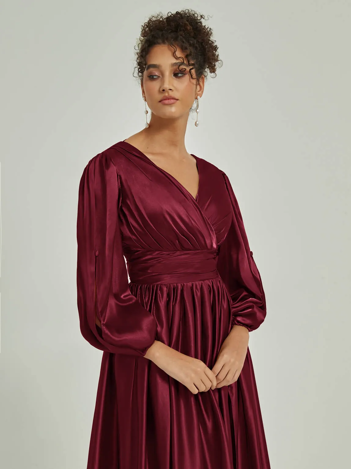 Burgundy 3/4 Long Slit Sleeve V-Neck Slit Pleated Bridesmaid Dress