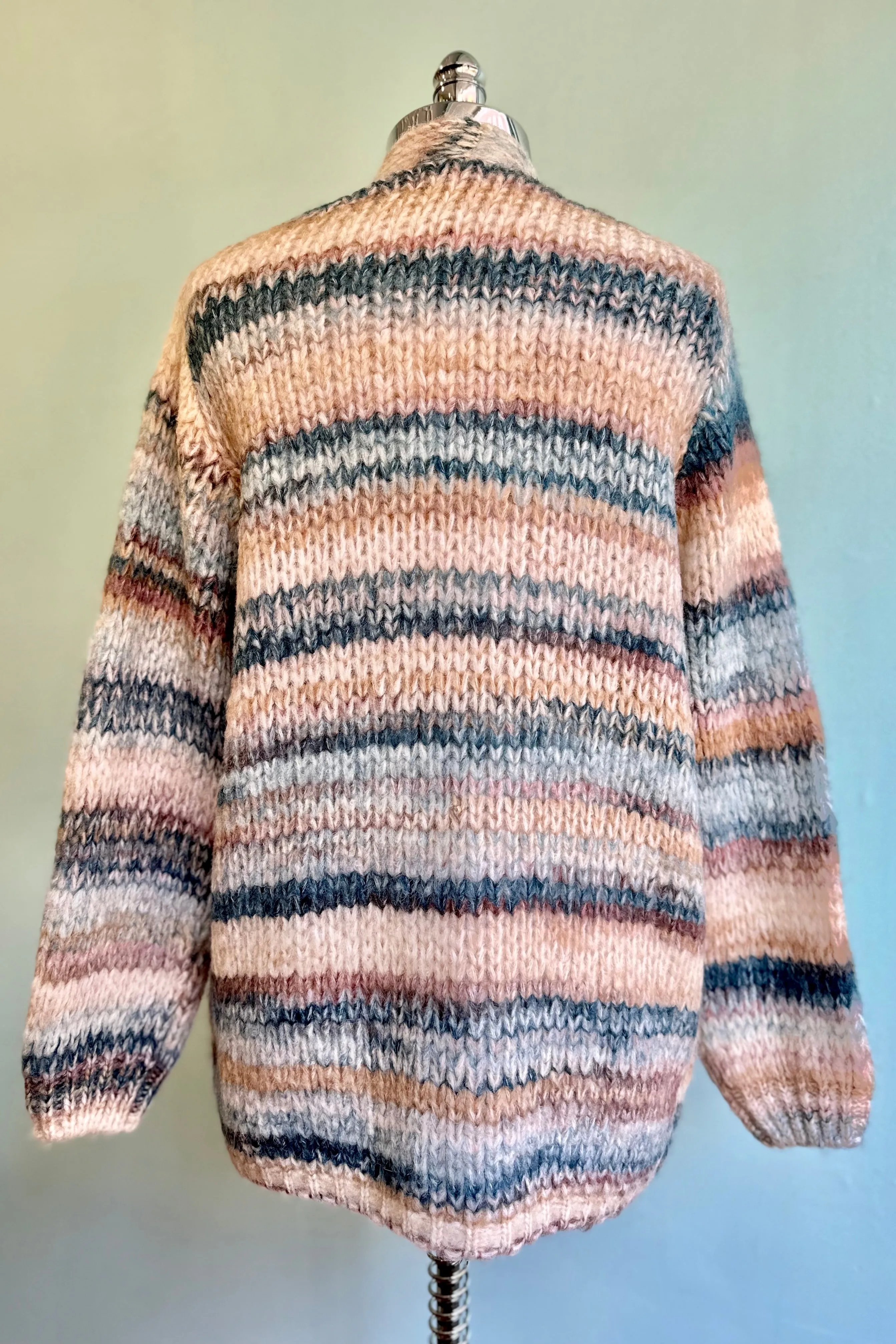 Chunky Knit Open Cardigan in Blue and Tan by Molly Bracken