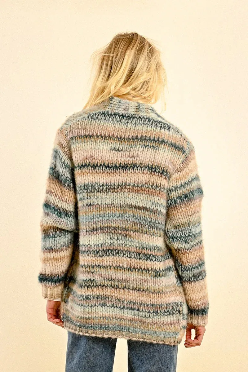 Chunky Knit Open Cardigan in Blue and Tan by Molly Bracken