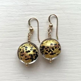 Earrings with black pastel dust aventurine dust gold Murano glass small lentil drops