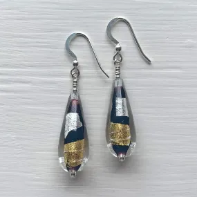 Earrings with black, silver and gold Murano glass long pear drops on silver or gold hooks