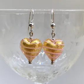 Earrings with pink spiral and gold Murano glass small heart drops on silver or gold