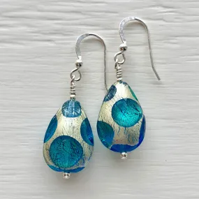 Earrings with shades of blue spots over white gold Murano glass medium pear drops