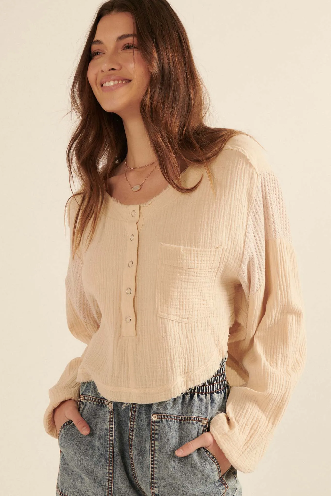 Easy Life Cropped Crinkle Cotton Henley Top