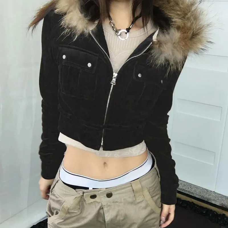 Fashionkova Christmas Gift Outfit  2024 Y2k Aesthetic Fur Patchwork Women Hooded Jacket Streetwear Velvet Cropped Slim Fit Tops Harajuku Grunge Pocket Vintage Coat