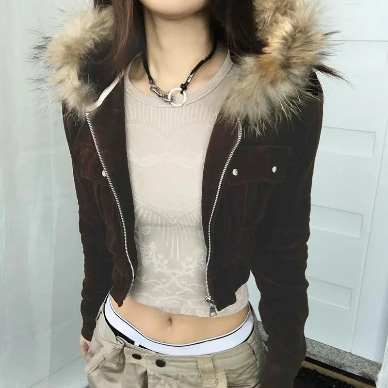 Fashionkova Christmas Gift Outfit  2024 Y2k Aesthetic Fur Patchwork Women Hooded Jacket Streetwear Velvet Cropped Slim Fit Tops Harajuku Grunge Pocket Vintage Coat