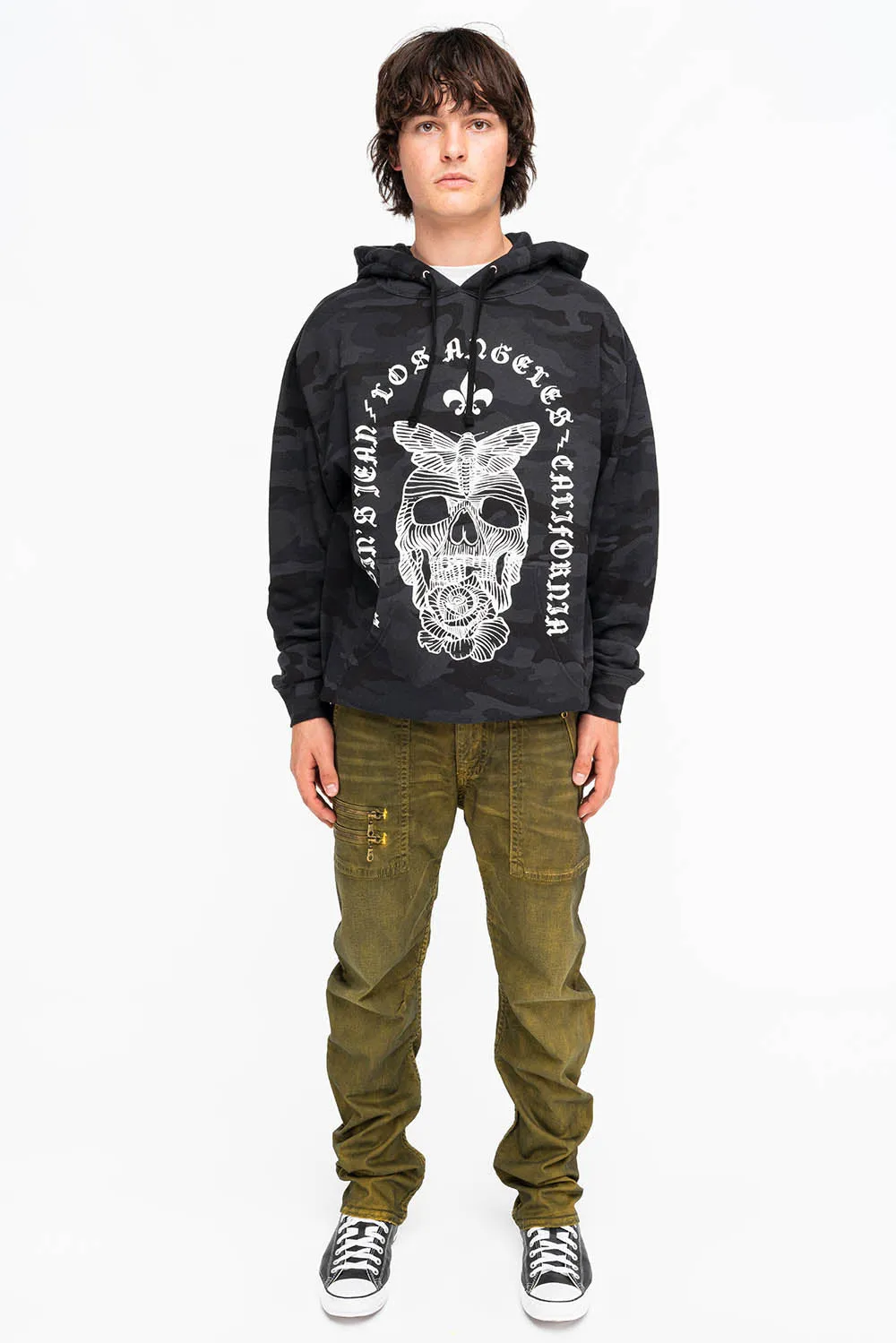 FLEUR-DE-LIS SKULL HOODIE IN BLACK CAMO