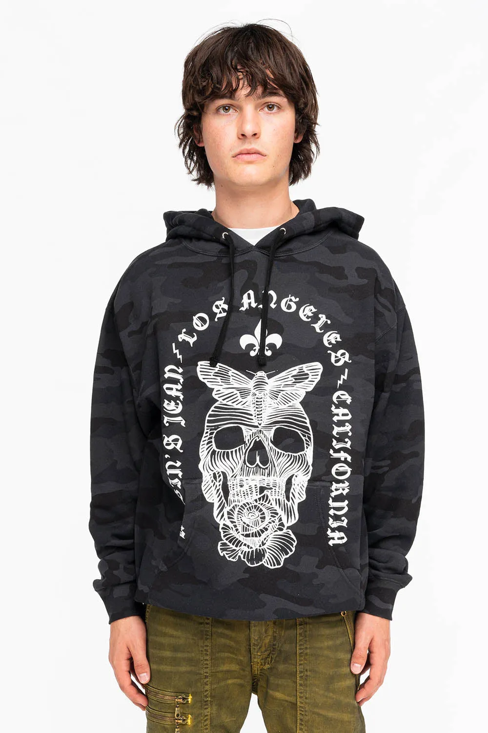 FLEUR-DE-LIS SKULL HOODIE IN BLACK CAMO