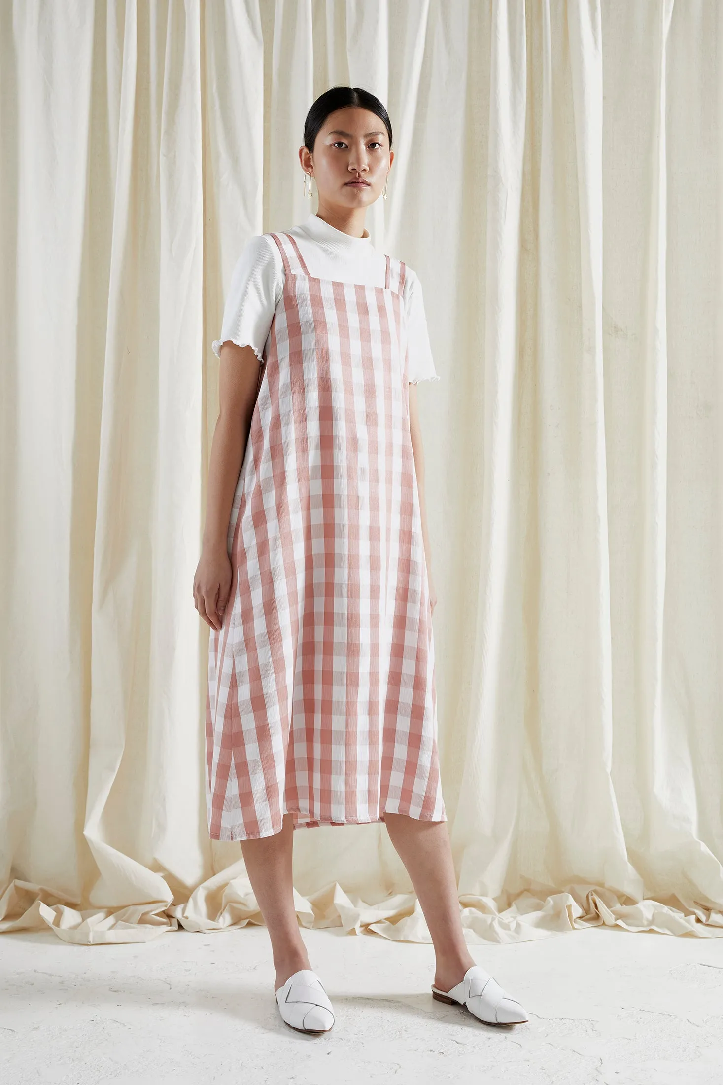 FORBIDDEN FRUIT DRESS ~ REVERSIBLE ~ GRAPEFRUIT [ Pink & White Check Gingham Tie Pinafore ]