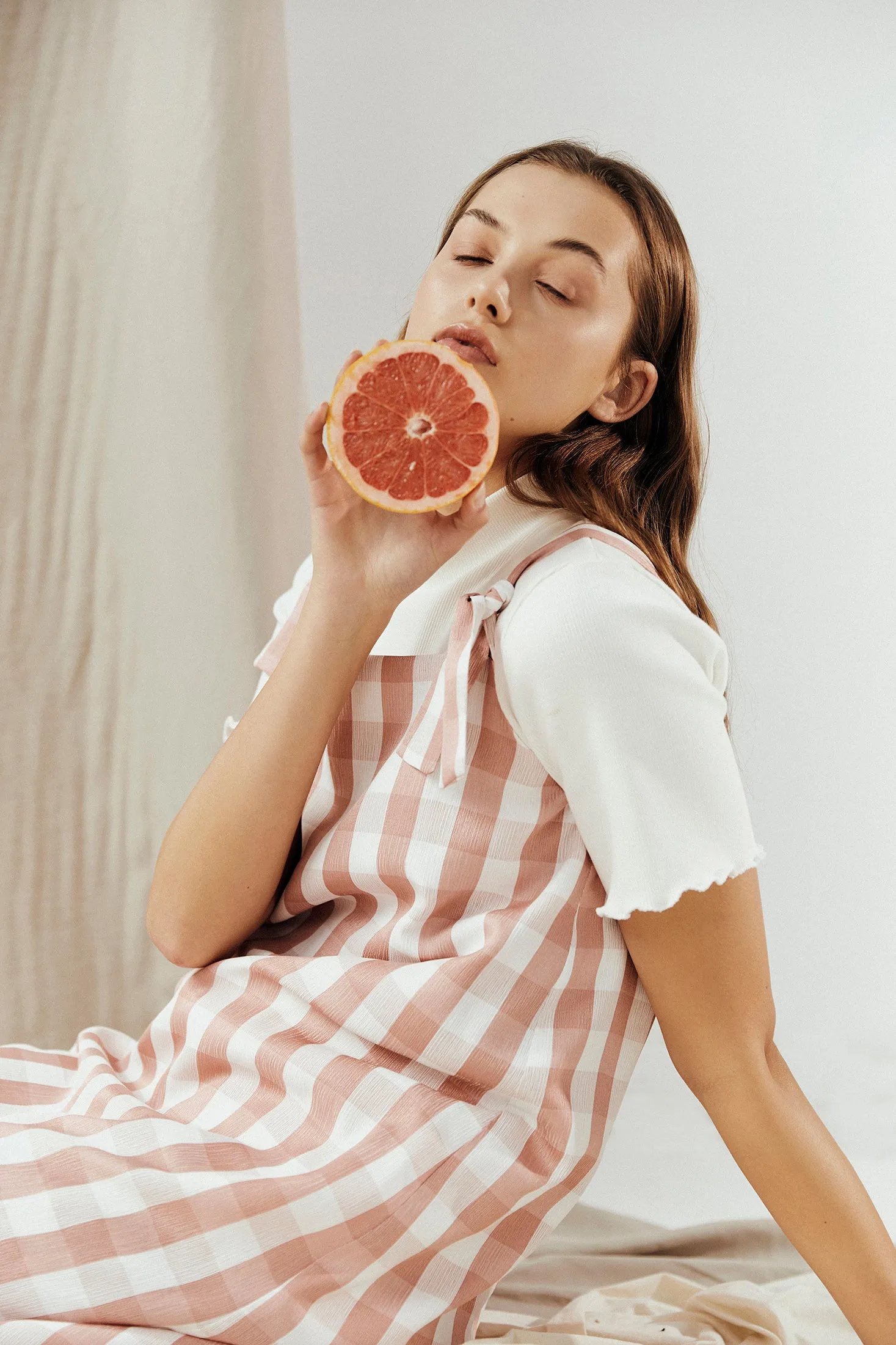 FORBIDDEN FRUIT DRESS ~ REVERSIBLE ~ GRAPEFRUIT [ Pink & White Check Gingham Tie Pinafore ]