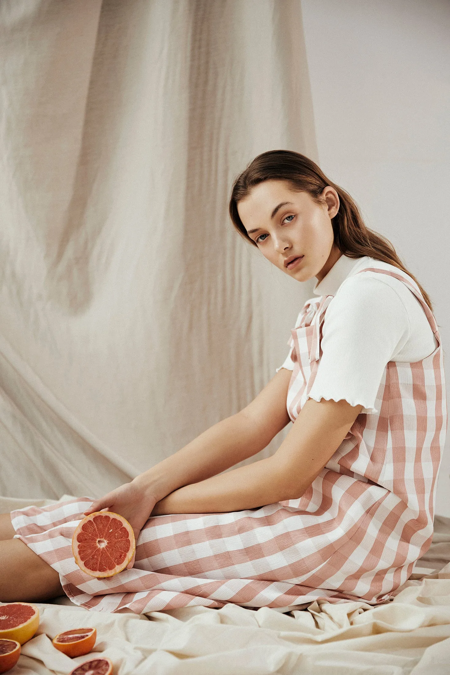 FORBIDDEN FRUIT DRESS ~ REVERSIBLE ~ GRAPEFRUIT [ Pink & White Check Gingham Tie Pinafore ]