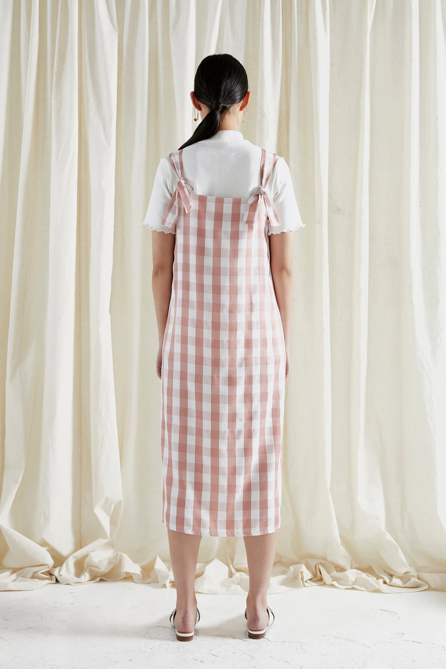 FORBIDDEN FRUIT DRESS ~ REVERSIBLE ~ GRAPEFRUIT [ Pink & White Check Gingham Tie Pinafore ]