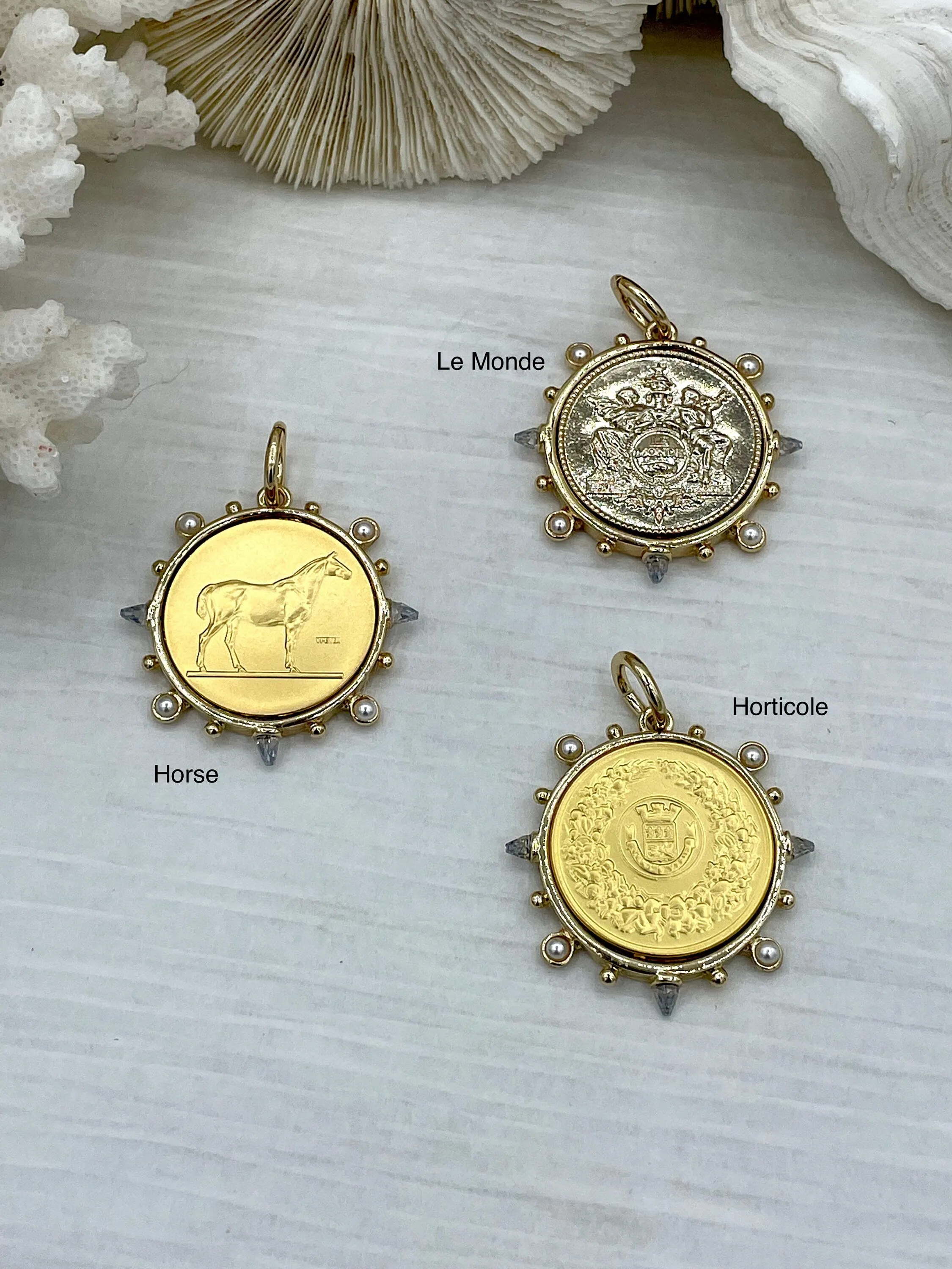 French Horticole De Dison Pendant, Horse Coin Pendant, French Pendant, Le Monde Coin, Clear Spike & Round Pearl Accents Coin.Fast Ship