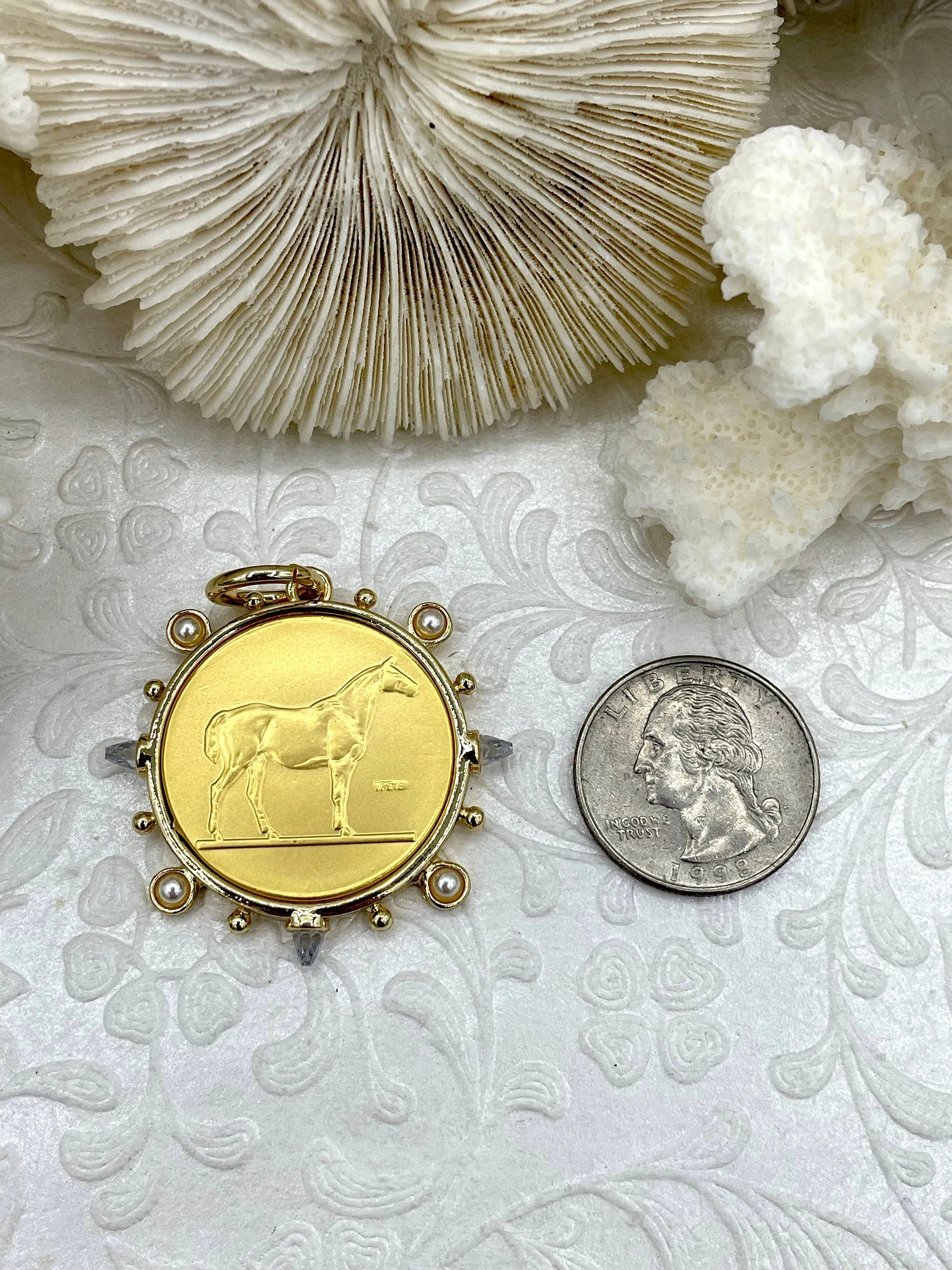 French Horticole De Dison Pendant, Horse Coin Pendant, French Pendant, Le Monde Coin, Clear Spike & Round Pearl Accents Coin.Fast Ship