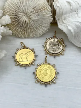 French Horticole De Dison Pendant, Horse Coin Pendant, French Pendant, Le Monde Coin, Clear Spike & Round Pearl Accents Coin.Fast Ship