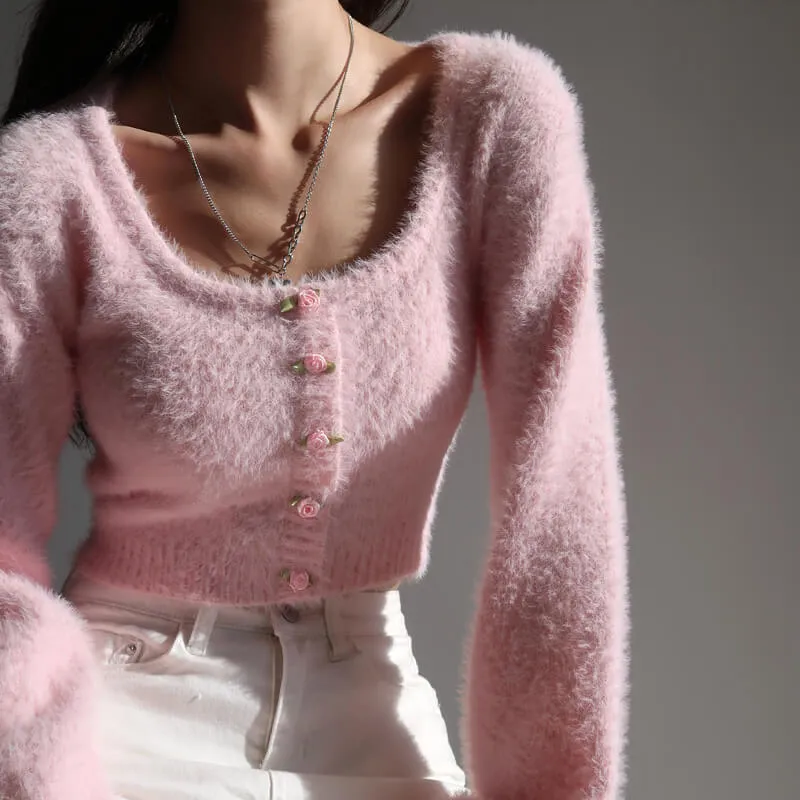 FRENCH STYLE PINK FLUFFY FLORAL CARDIGAN SWEATER BY90007