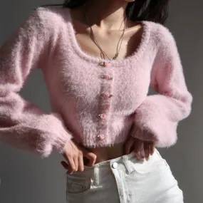 FRENCH STYLE PINK FLUFFY FLORAL CARDIGAN SWEATER BY90007