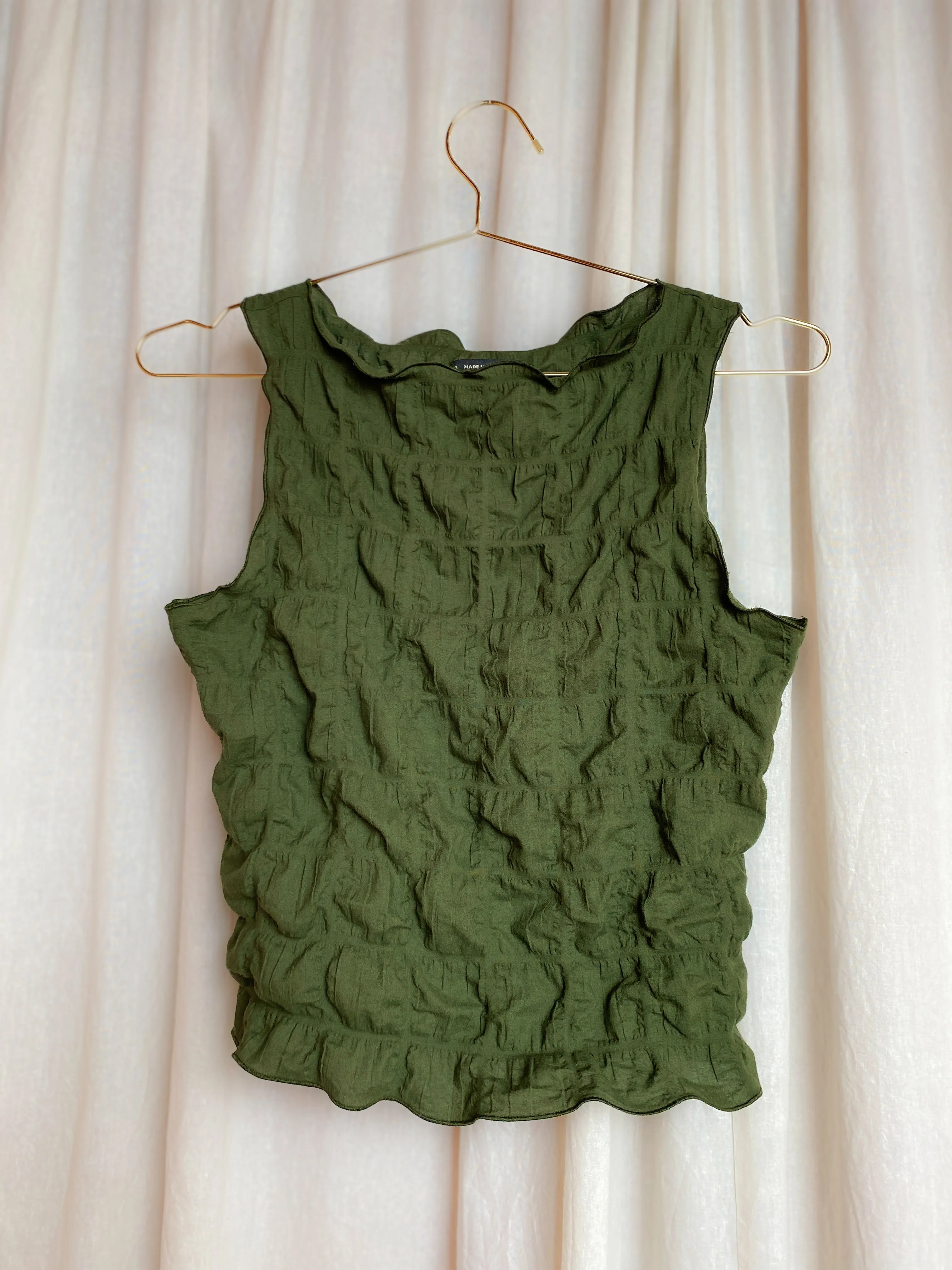 GARDENER'S TANK [ Green Cotton, Sleeveless, Crinkled ]