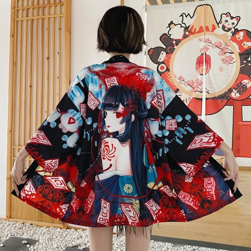 Haori Hombre Anime Kimono Women Summer Lucky Cat Cardigan Blouse Japanese Traditional Beach Sunscreen Yukata with Belt Surblouse