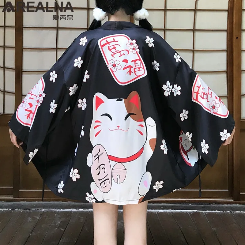 Haori Hombre Anime Kimono Women Summer Lucky Cat Cardigan Blouse Japanese Traditional Beach Sunscreen Yukata with Belt Surblouse