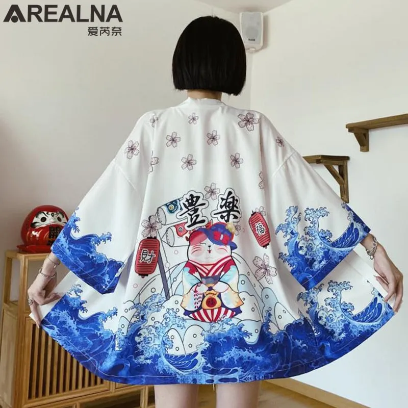 Haori Hombre Anime Kimono Women Summer Lucky Cat Cardigan Blouse Japanese Traditional Beach Sunscreen Yukata with Belt Surblouse