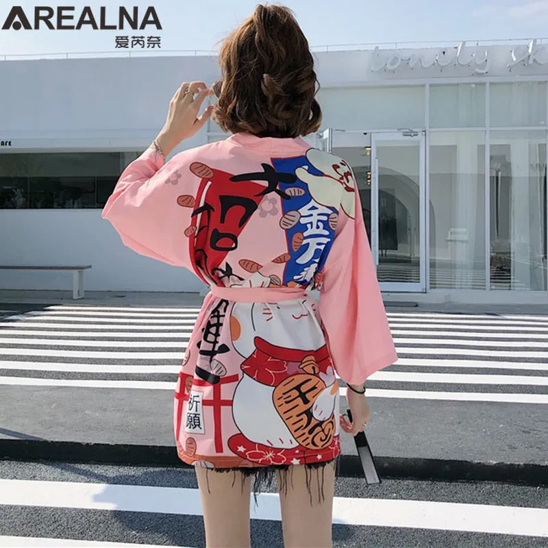 Haori Hombre Anime Kimono Women Summer Lucky Cat Cardigan Blouse Japanese Traditional Beach Sunscreen Yukata with Belt Surblouse