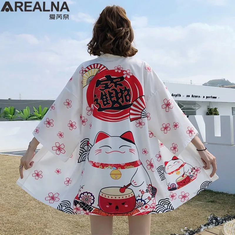 Haori Hombre Anime Kimono Women Summer Lucky Cat Cardigan Blouse Japanese Traditional Beach Sunscreen Yukata with Belt Surblouse