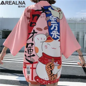 Haori Hombre Anime Kimono Women Summer Lucky Cat Cardigan Blouse Japanese Traditional Beach Sunscreen Yukata with Belt Surblouse